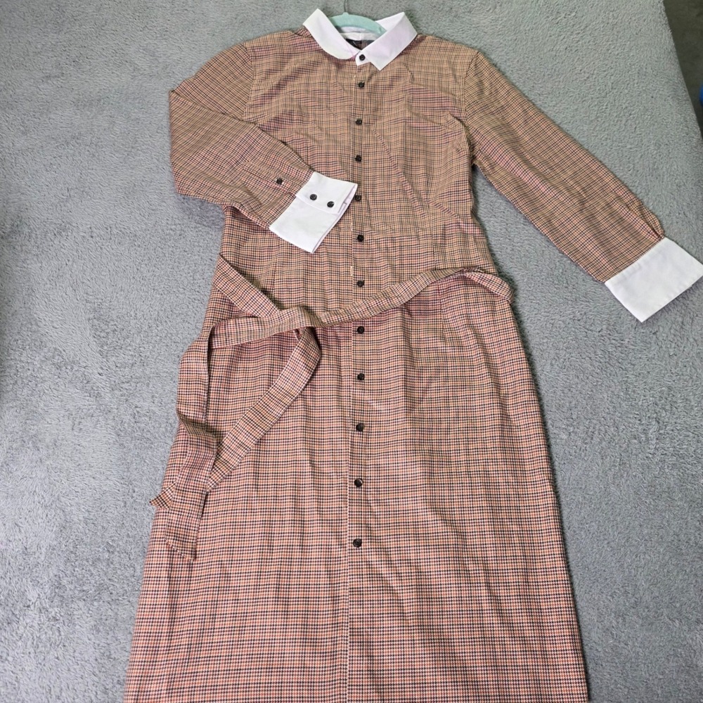 Brooks Brothers Womens 8 Shirt Dress Brown Houndstooth Contrast Collar Belted